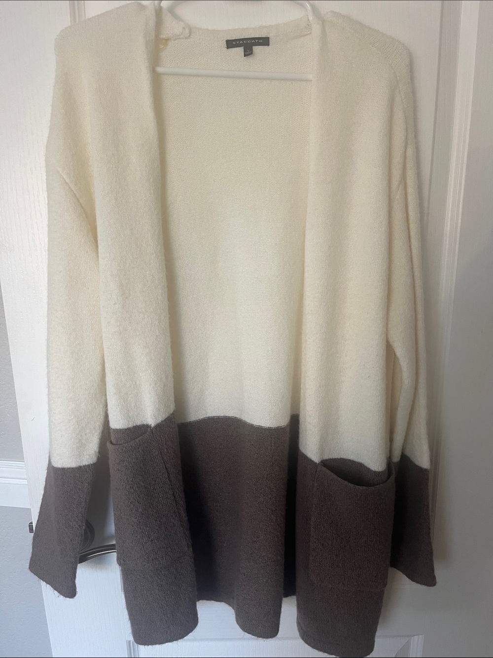 Staccato Cream and Brown Colorblock Open-Front Cardigan